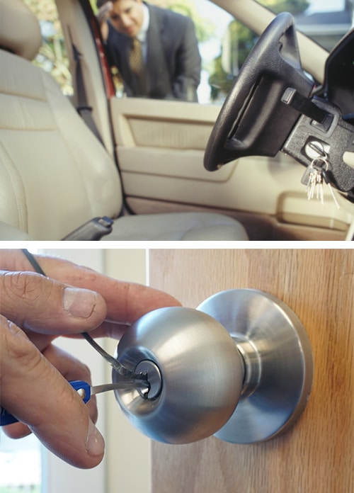 image of man looking at the keys she locked in his car (top) and a locksmith picking a commercial door knob (bottom)