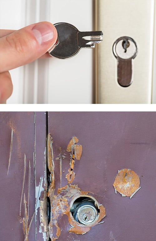 key broken off in the lock (top) and a deadbolt damaged during a burglary attempt (bottom)