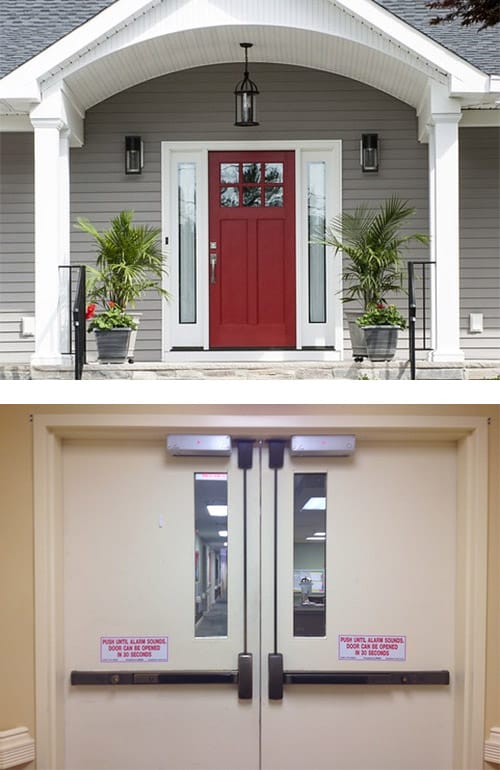a red residential door and a commercial double door with crash bars and maglocks