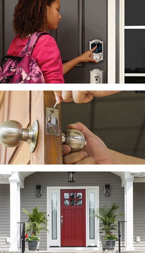 smart lock (top) door knob being installed (middle) and a red residential door (bottom)
